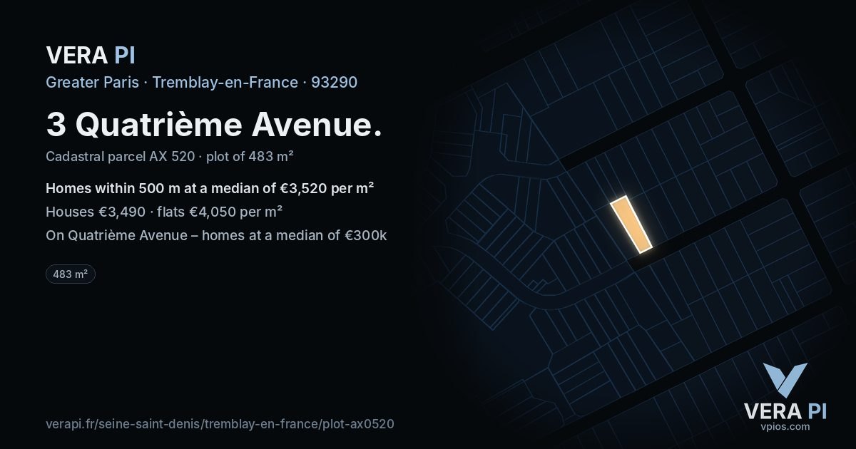 3 Quatrième Avenue, Tremblay-en-France at night – the plot lit, the parcels around coloured by the prices near them