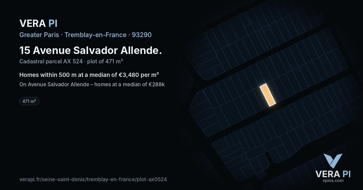 15 Avenue Salvador Allende, Tremblay-en-France at night – the plot lit, the parcels around coloured by the prices near them