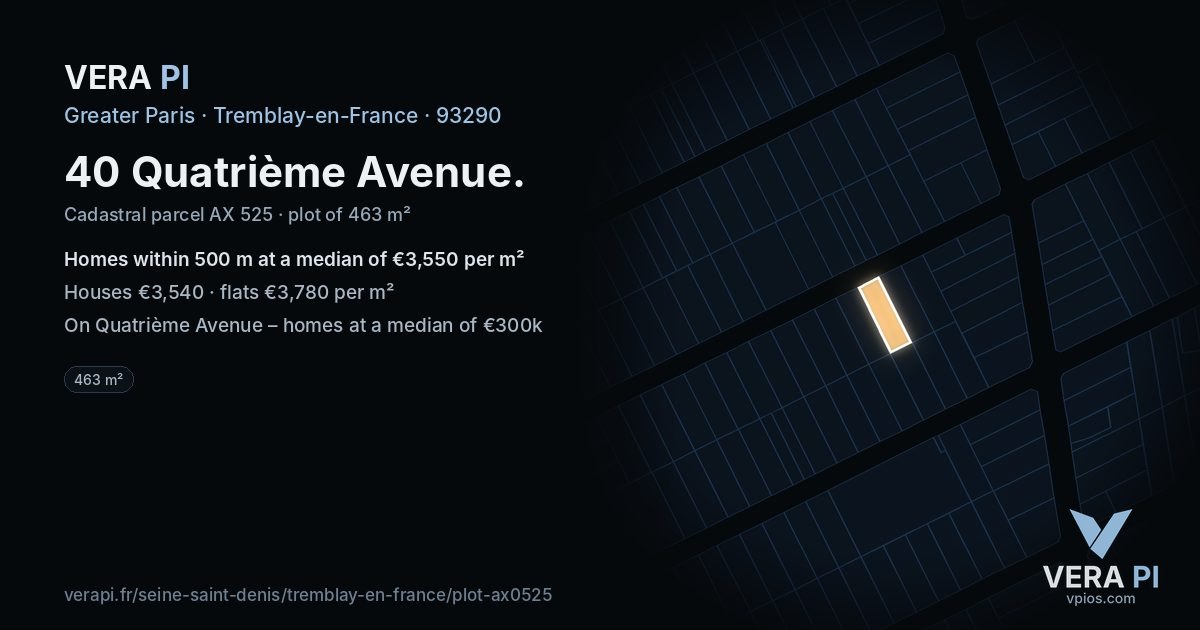 40 Quatrième Avenue, Tremblay-en-France at night – the plot lit, the parcels around coloured by the prices near them