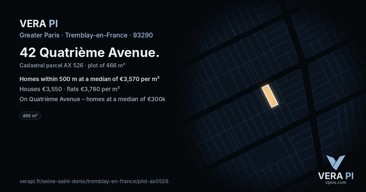 42 Quatrième Avenue, Tremblay-en-France at night – the plot lit, the parcels around coloured by the prices near them