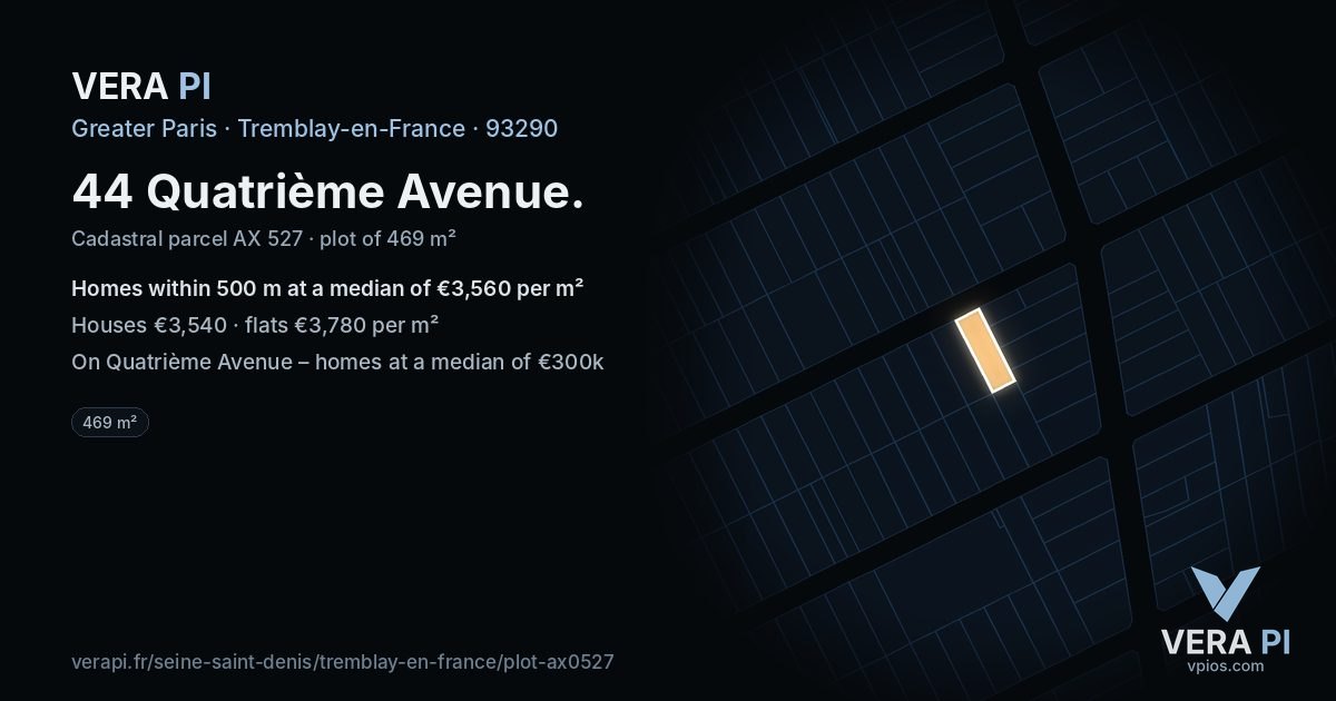 44 Quatrième Avenue, Tremblay-en-France at night – the plot lit, the parcels around coloured by the prices near them