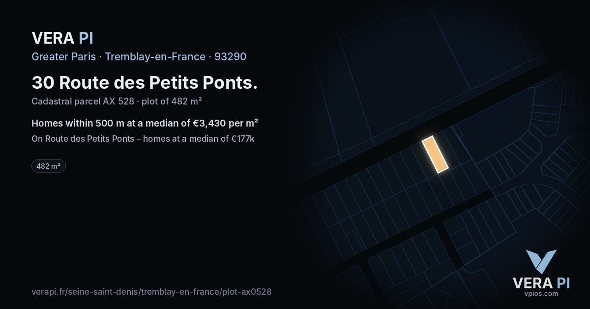 30 Route des Petits Ponts, Tremblay-en-France at night – the plot lit, the parcels around coloured by the prices near them