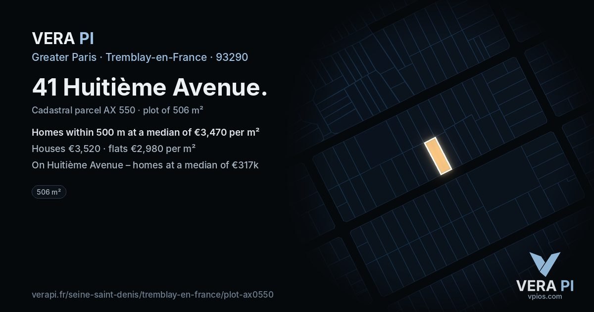 41 Huitième Avenue, Tremblay-en-France at night – the plot lit, the parcels around coloured by the prices near them
