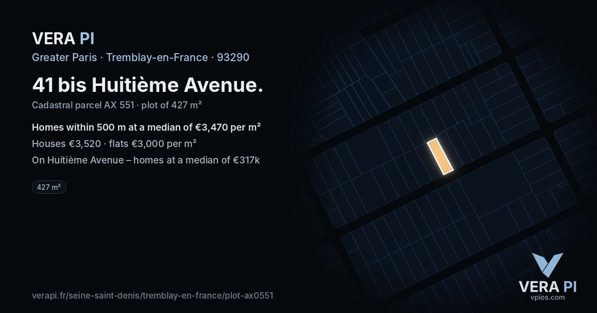 41 bis Huitième Avenue, Tremblay-en-France at night – the plot lit, the parcels around coloured by the prices near them