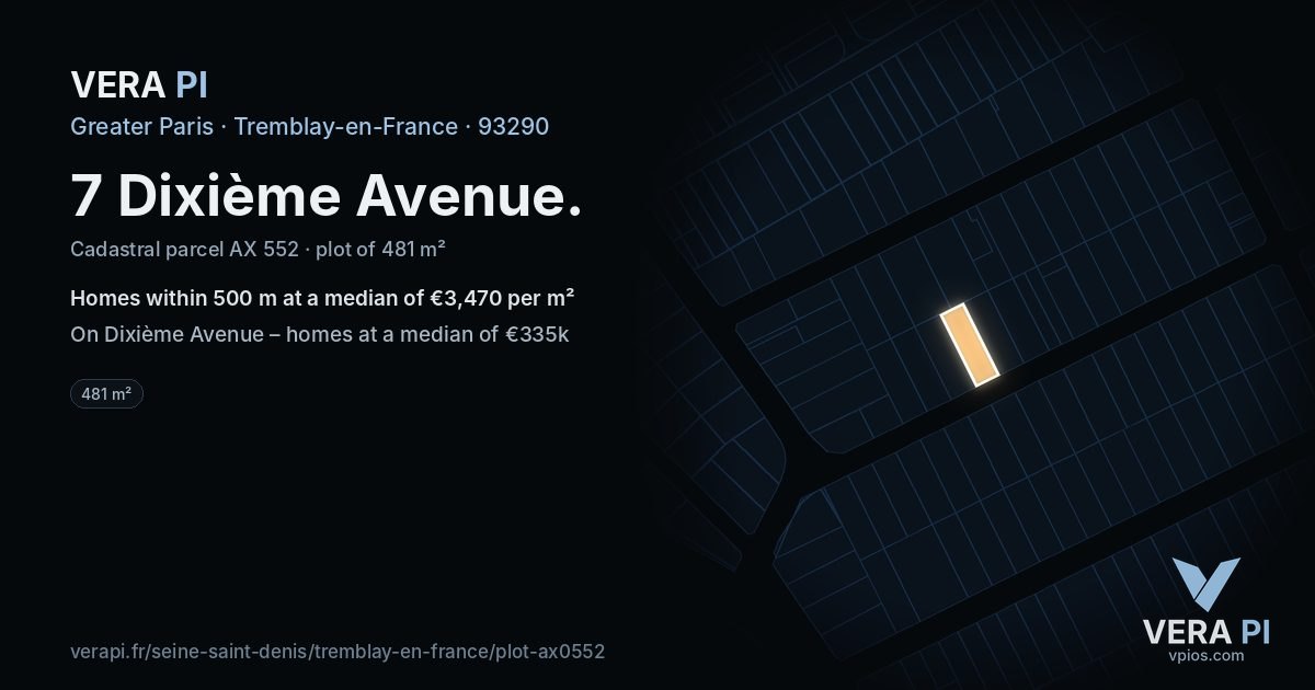 7 Dixième Avenue, Tremblay-en-France at night – the plot lit, the parcels around coloured by the prices near them