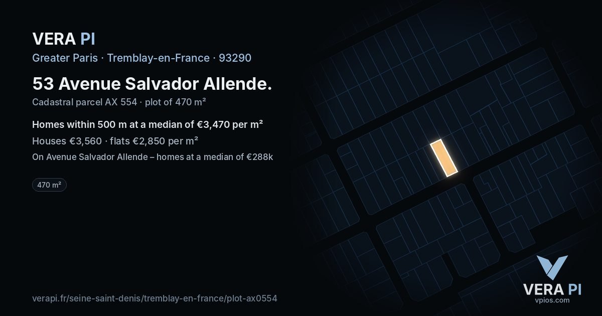 53 Avenue Salvador Allende, Tremblay-en-France at night – the plot lit, the parcels around coloured by the prices near them