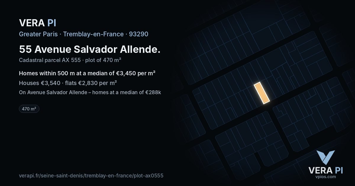 55 Avenue Salvador Allende, Tremblay-en-France at night – the plot lit, the parcels around coloured by the prices near them