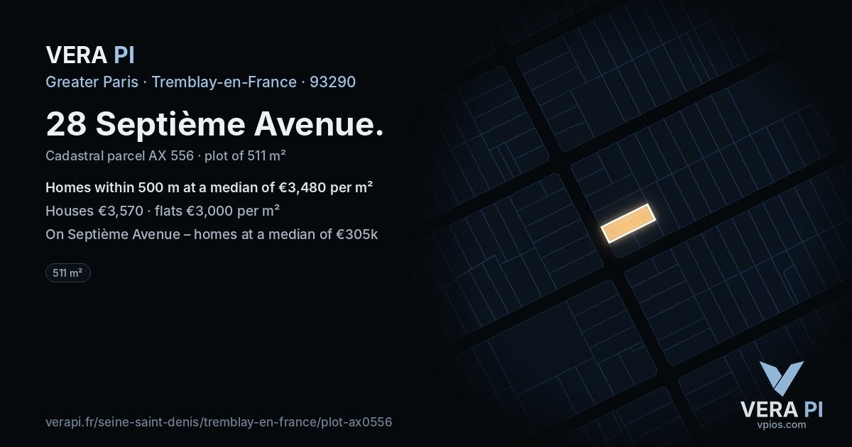 28 Septième Avenue, Tremblay-en-France at night – the plot lit, the parcels around coloured by the prices near them