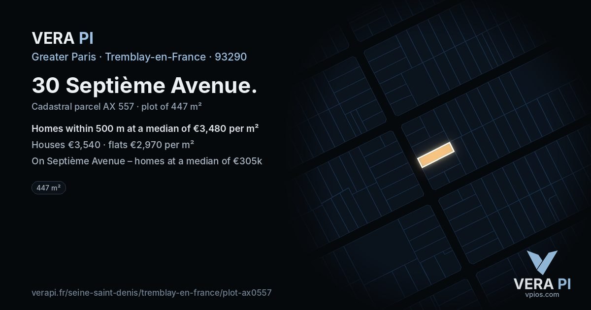 30 Septième Avenue, Tremblay-en-France at night – the plot lit, the parcels around coloured by the prices near them