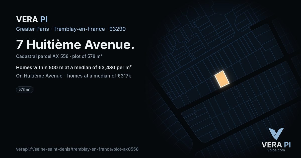 7 Huitième Avenue, Tremblay-en-France at night – the plot lit, the parcels around coloured by the prices near them