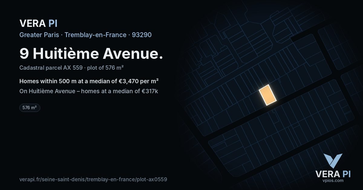 9 Huitième Avenue, Tremblay-en-France at night – the plot lit, the parcels around coloured by the prices near them