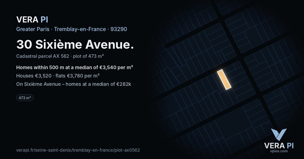 30 Sixième Avenue, Tremblay-en-France at night – the plot lit, the parcels around coloured by the prices near them