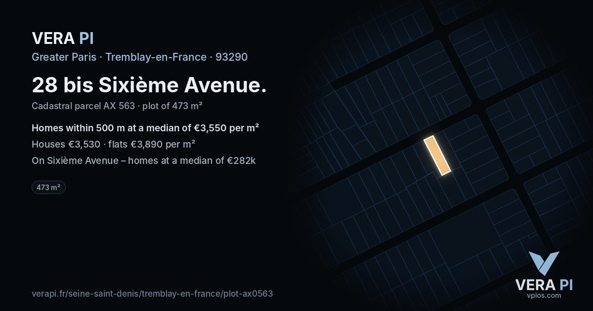 28 bis Sixième Avenue, Tremblay-en-France at night – the plot lit, the parcels around coloured by the prices near them