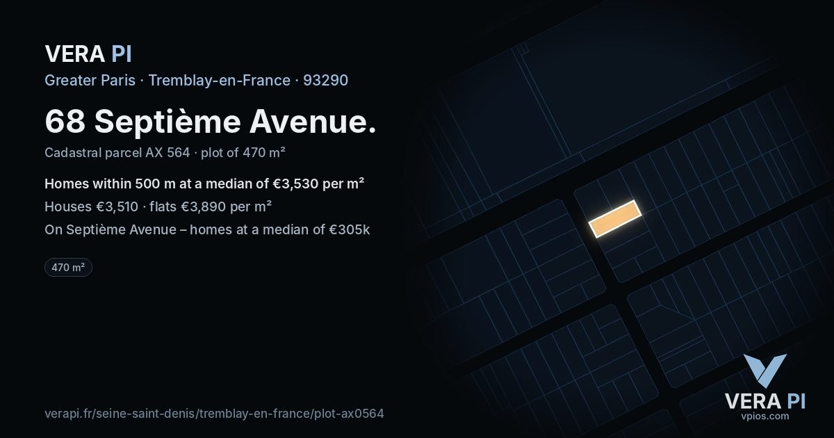 68 Septième Avenue, Tremblay-en-France at night – the plot lit, the parcels around coloured by the prices near them