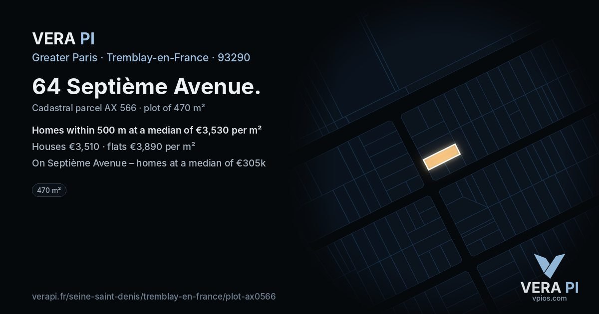 64 Septième Avenue, Tremblay-en-France at night – the plot lit, the parcels around coloured by the prices near them