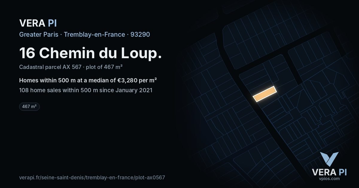 16 Chemin du Loup, Tremblay-en-France at night – the plot lit, the parcels around coloured by the prices near them