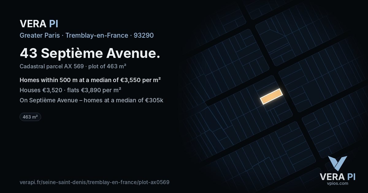 43 Septième Avenue, Tremblay-en-France at night – the plot lit, the parcels around coloured by the prices near them