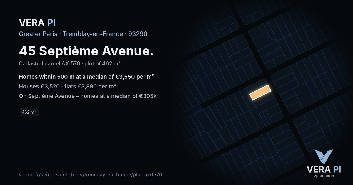 45 Septième Avenue, Tremblay-en-France at night – the plot lit, the parcels around coloured by the prices near them