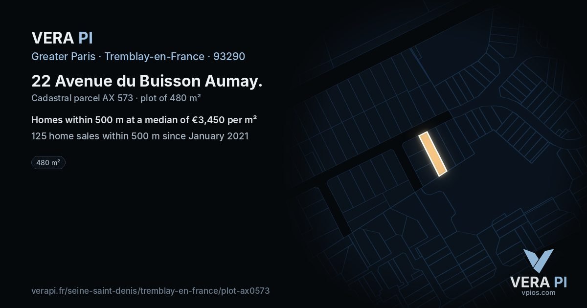 22 Avenue du Buisson Aumay, Tremblay-en-France at night – the plot lit, the parcels around coloured by the prices near them
