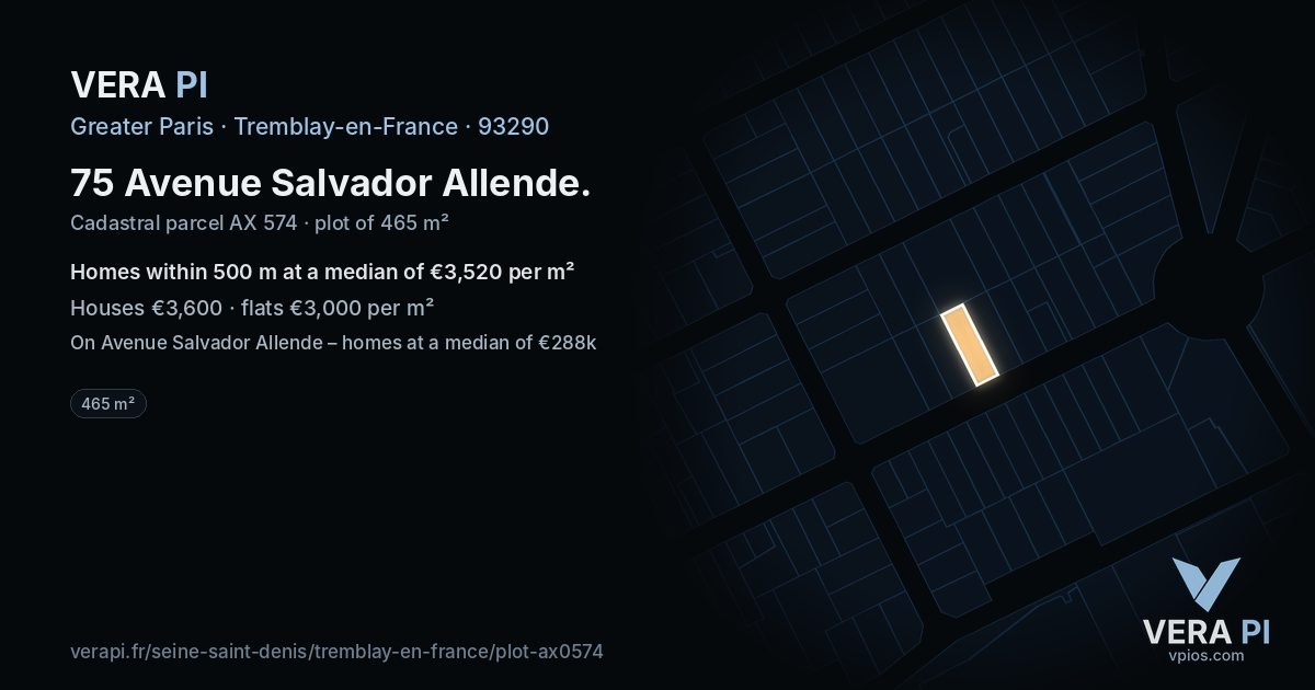 75 Avenue Salvador Allende, Tremblay-en-France at night – the plot lit, the parcels around coloured by the prices near them