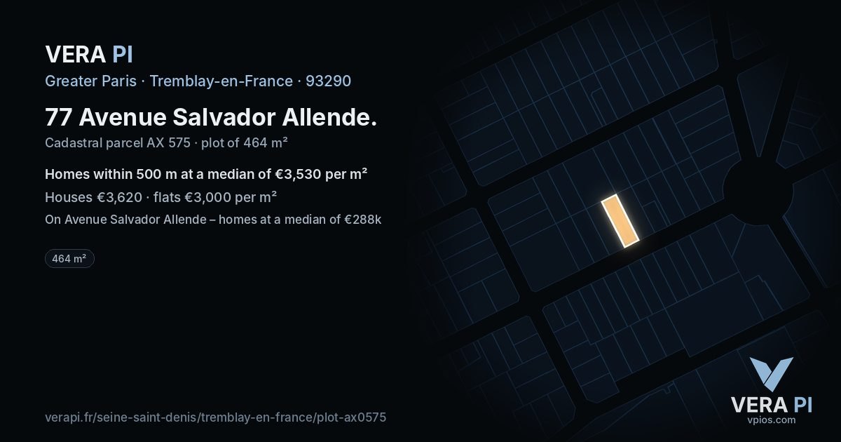 77 Avenue Salvador Allende, Tremblay-en-France at night – the plot lit, the parcels around coloured by the prices near them