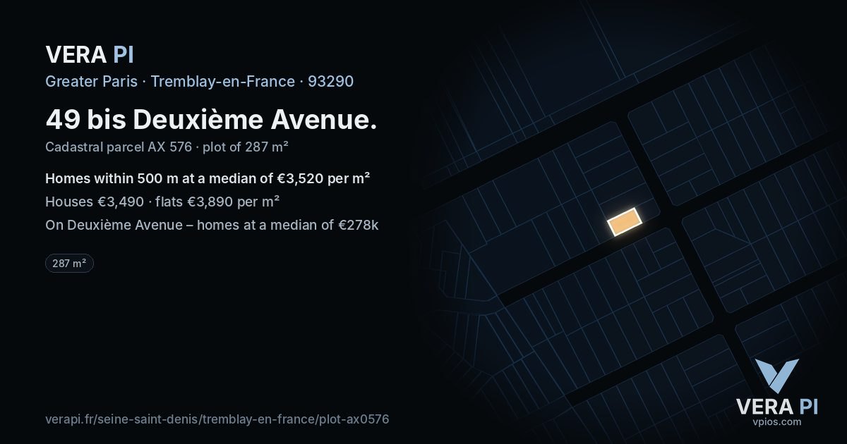 49 bis Deuxième Avenue, Tremblay-en-France at night – the plot lit, the parcels around coloured by the prices near them