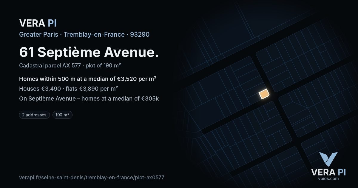 61 Septième Avenue, Tremblay-en-France at night – the plot lit, the parcels around coloured by the prices near them