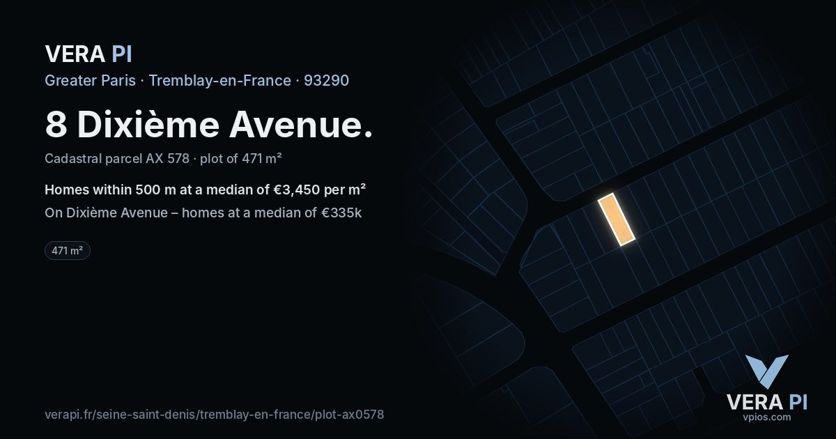 8 Dixième Avenue, Tremblay-en-France at night – the plot lit, the parcels around coloured by the prices near them