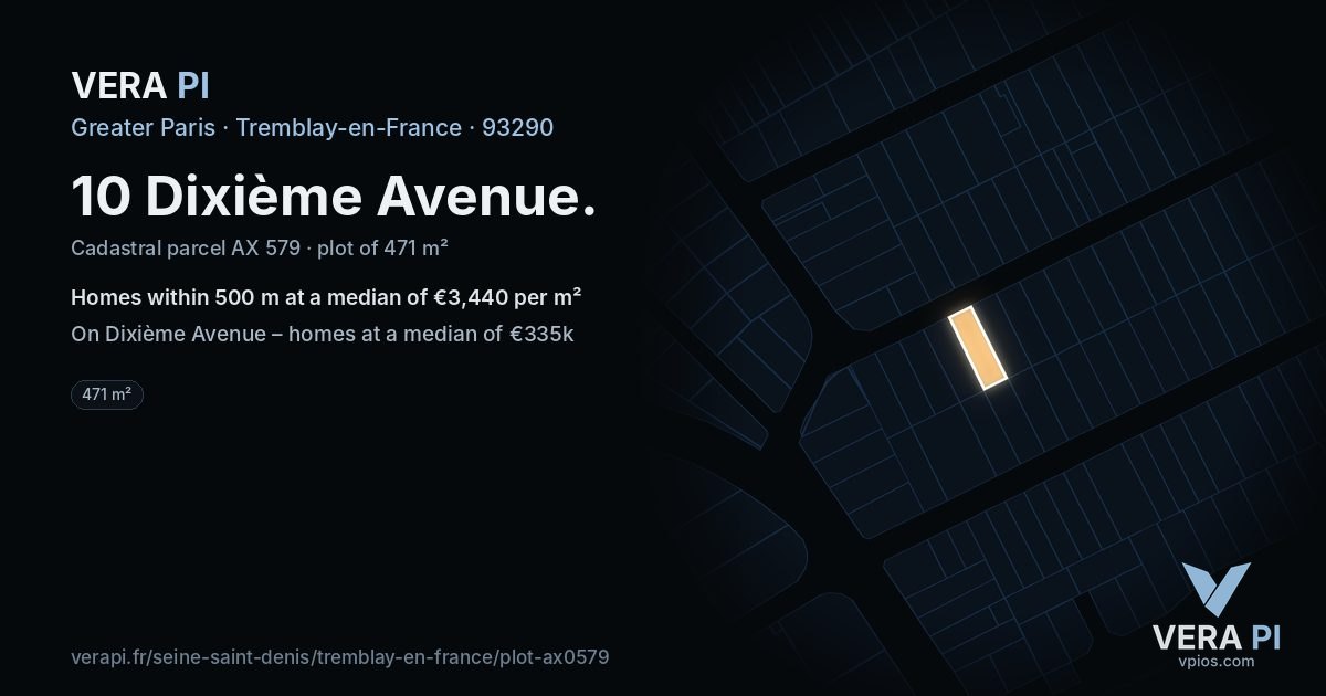 10 Dixième Avenue, Tremblay-en-France at night – the plot lit, the parcels around coloured by the prices near them