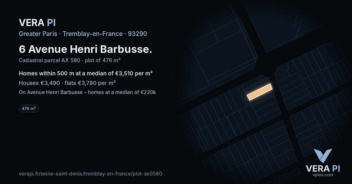 6 Avenue Henri Barbusse, Tremblay-en-France at night – the plot lit, the parcels around coloured by the prices near them