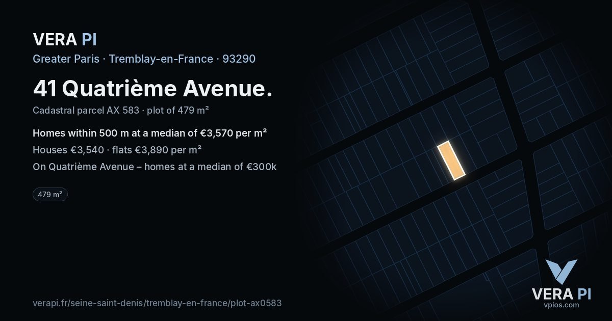 41 Quatrième Avenue, Tremblay-en-France at night – the plot lit, the parcels around coloured by the prices near them
