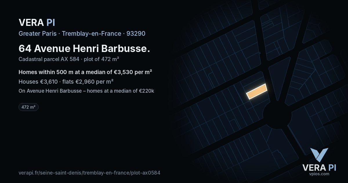 64 Avenue Henri Barbusse, Tremblay-en-France at night – the plot lit, the parcels around coloured by the prices near them