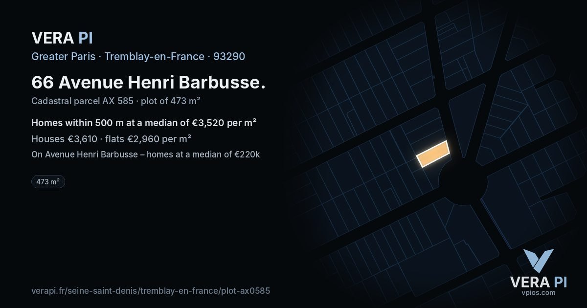 66 Avenue Henri Barbusse, Tremblay-en-France at night – the plot lit, the parcels around coloured by the prices near them