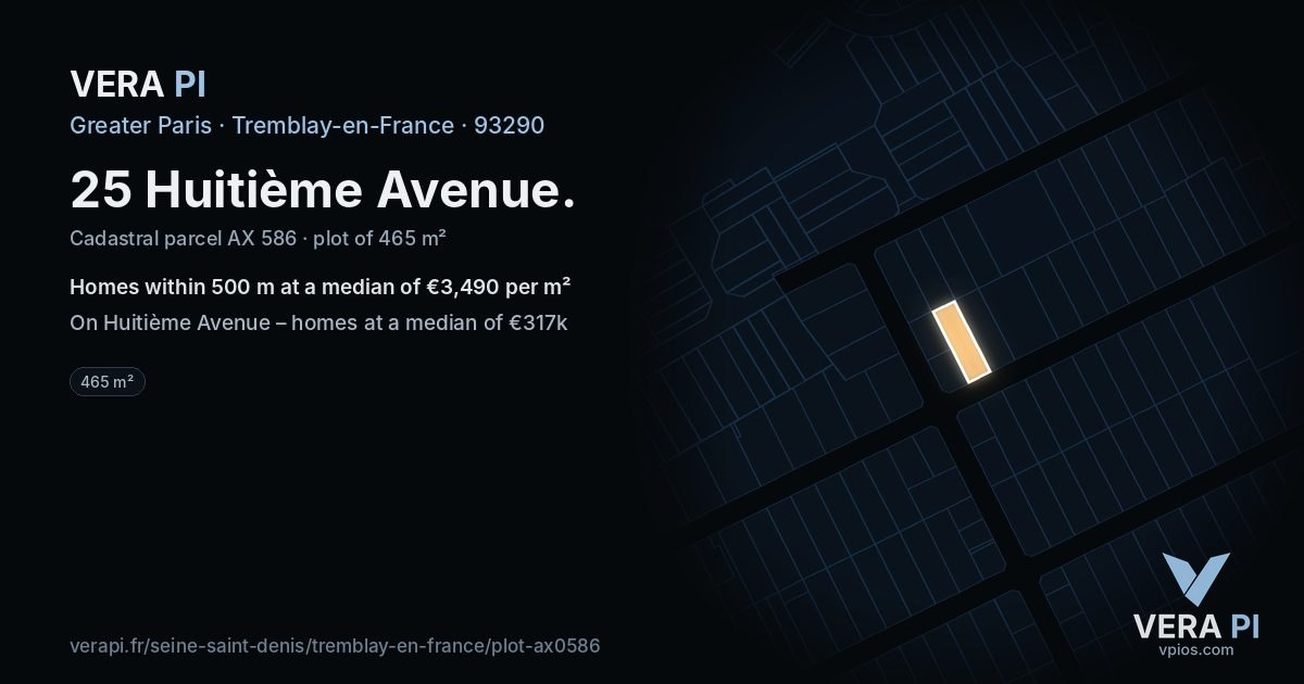 25 Huitième Avenue, Tremblay-en-France at night – the plot lit, the parcels around coloured by the prices near them