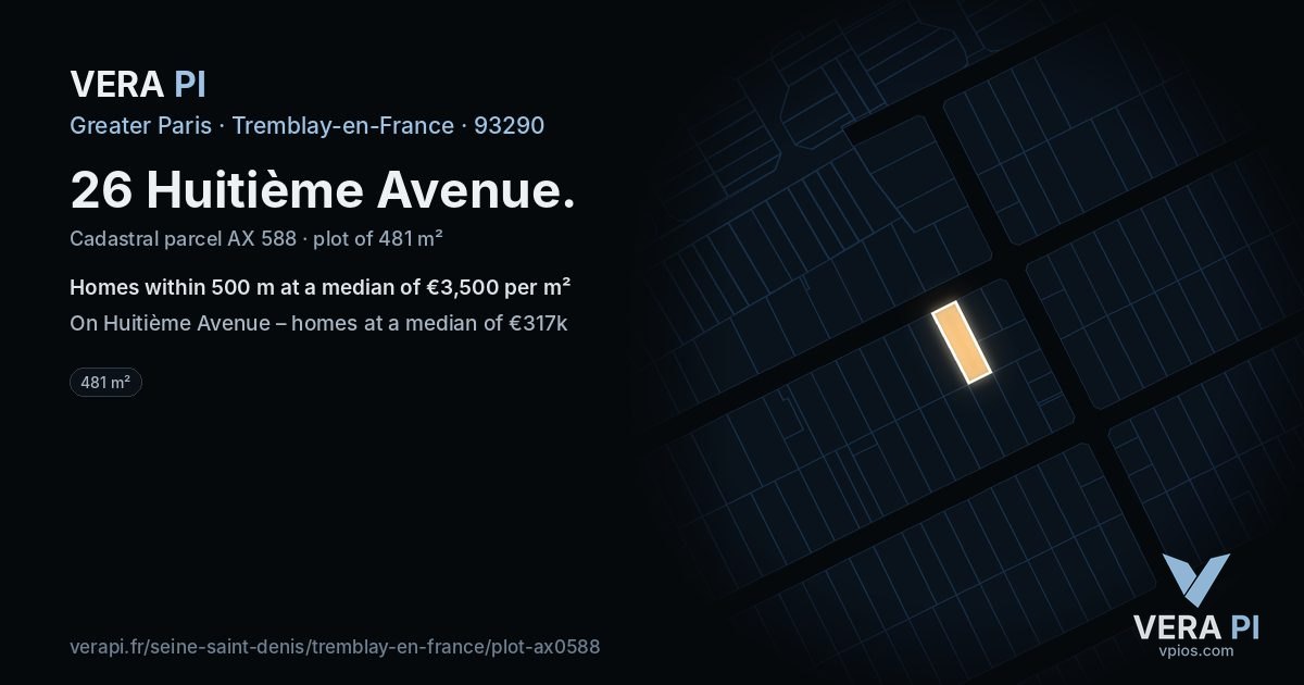 26 Huitième Avenue, Tremblay-en-France at night – the plot lit, the parcels around coloured by the prices near them