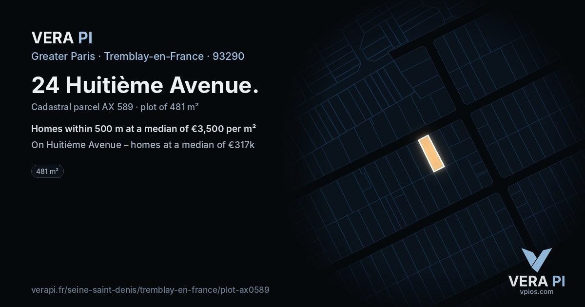 24 Huitième Avenue, Tremblay-en-France at night – the plot lit, the parcels around coloured by the prices near them