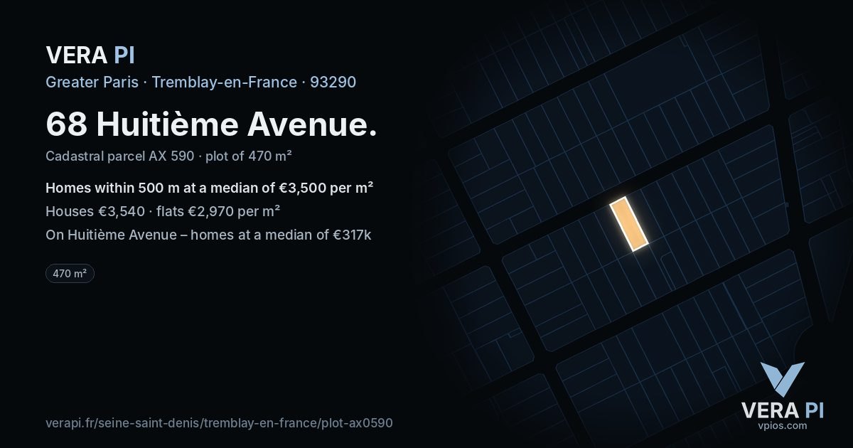 68 Huitième Avenue, Tremblay-en-France at night – the plot lit, the parcels around coloured by the prices near them