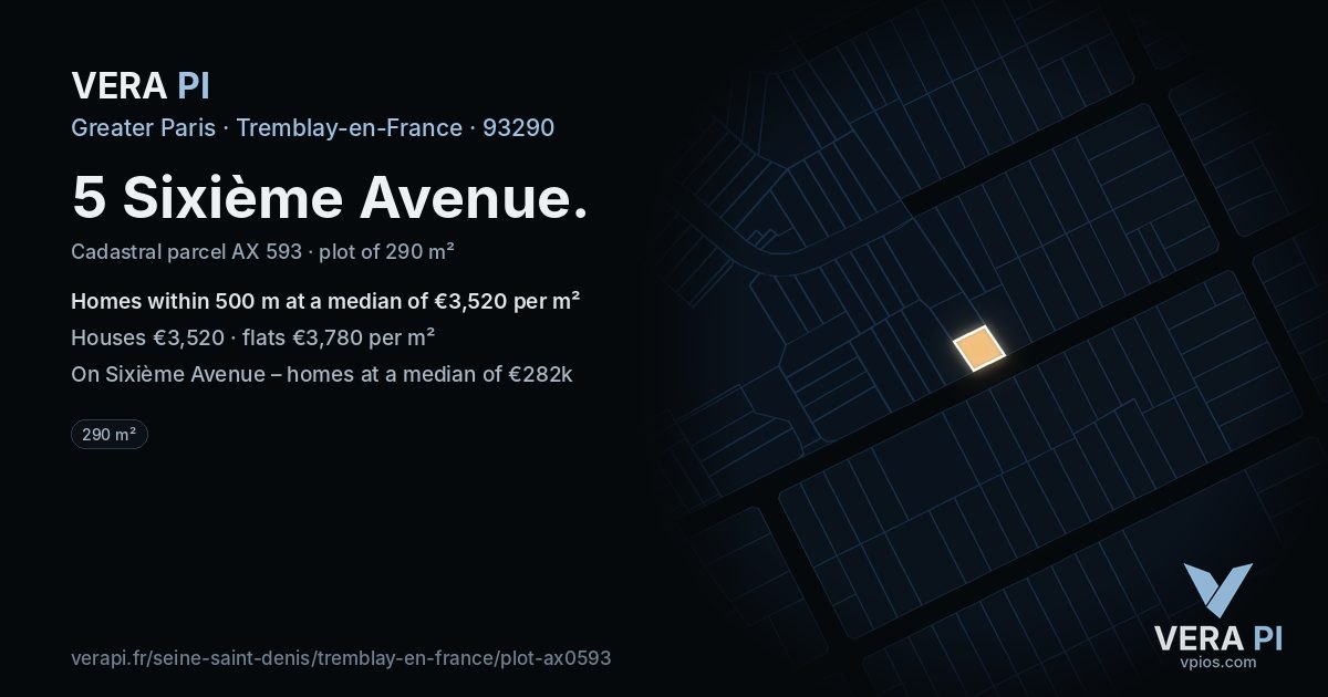 5 Sixième Avenue, Tremblay-en-France at night – the plot lit, the parcels around coloured by the prices near them