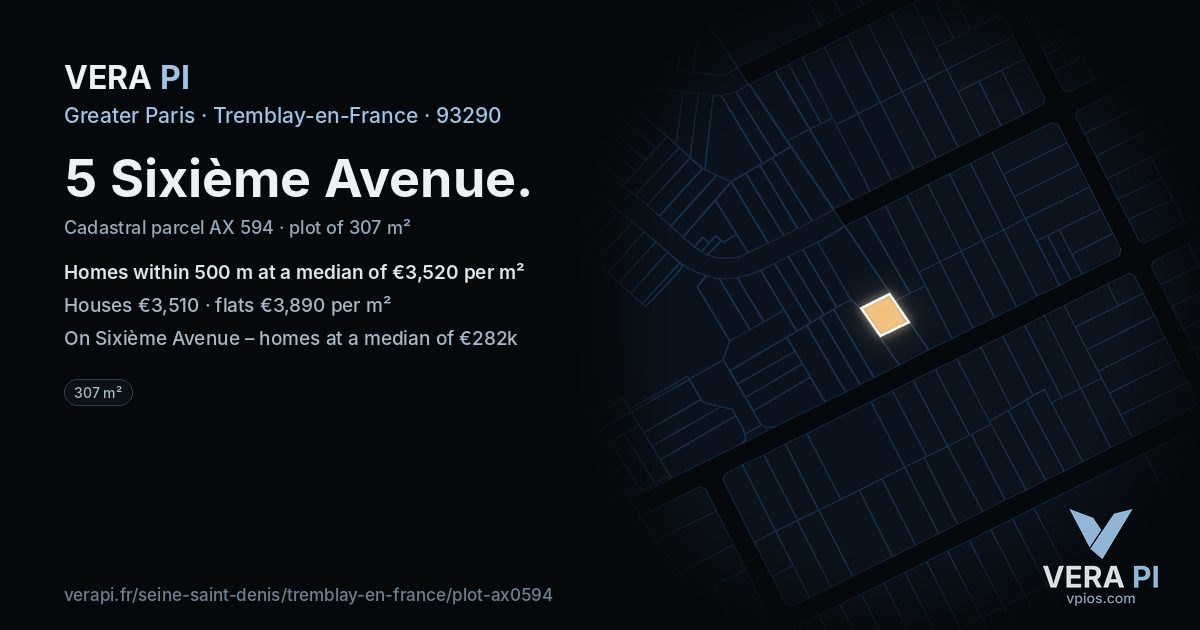 5 Sixième Avenue, Tremblay-en-France at night – the plot lit, the parcels around coloured by the prices near them