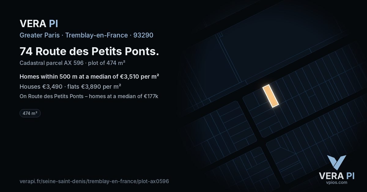 74 Route des Petits Ponts, Tremblay-en-France at night – the plot lit, the parcels around coloured by the prices near them