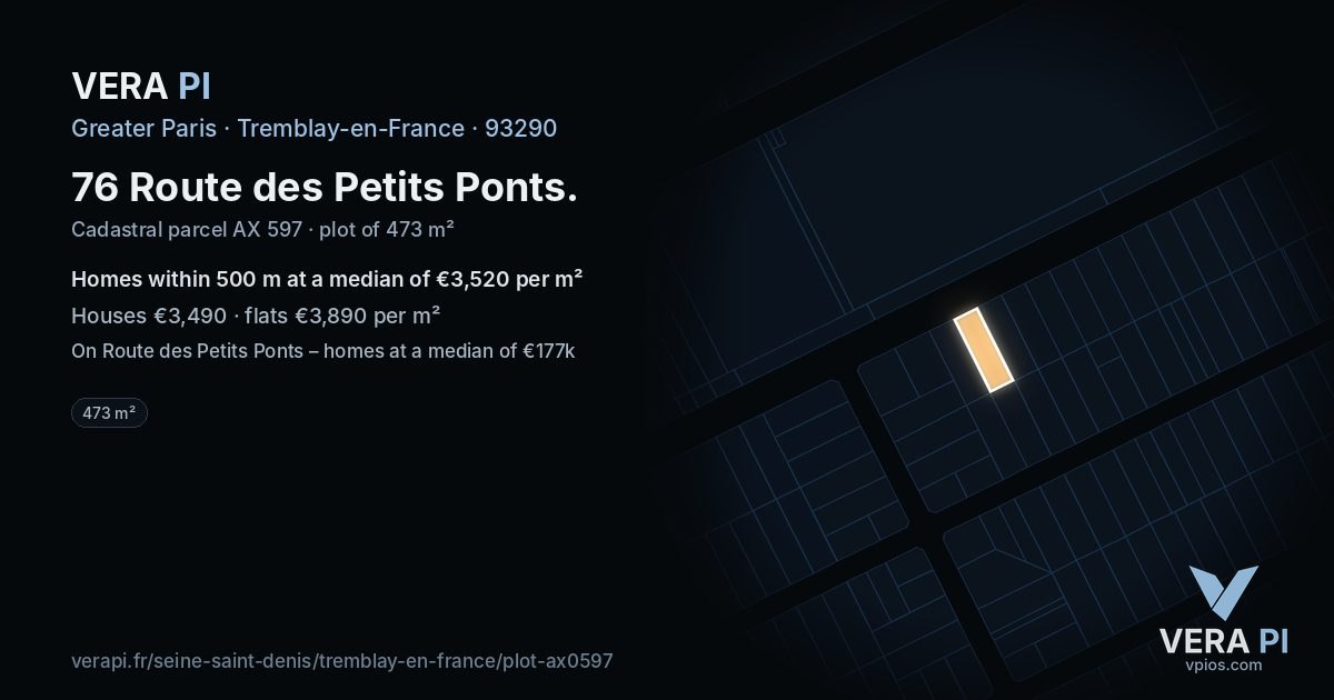 76 Route des Petits Ponts, Tremblay-en-France at night – the plot lit, the parcels around coloured by the prices near them