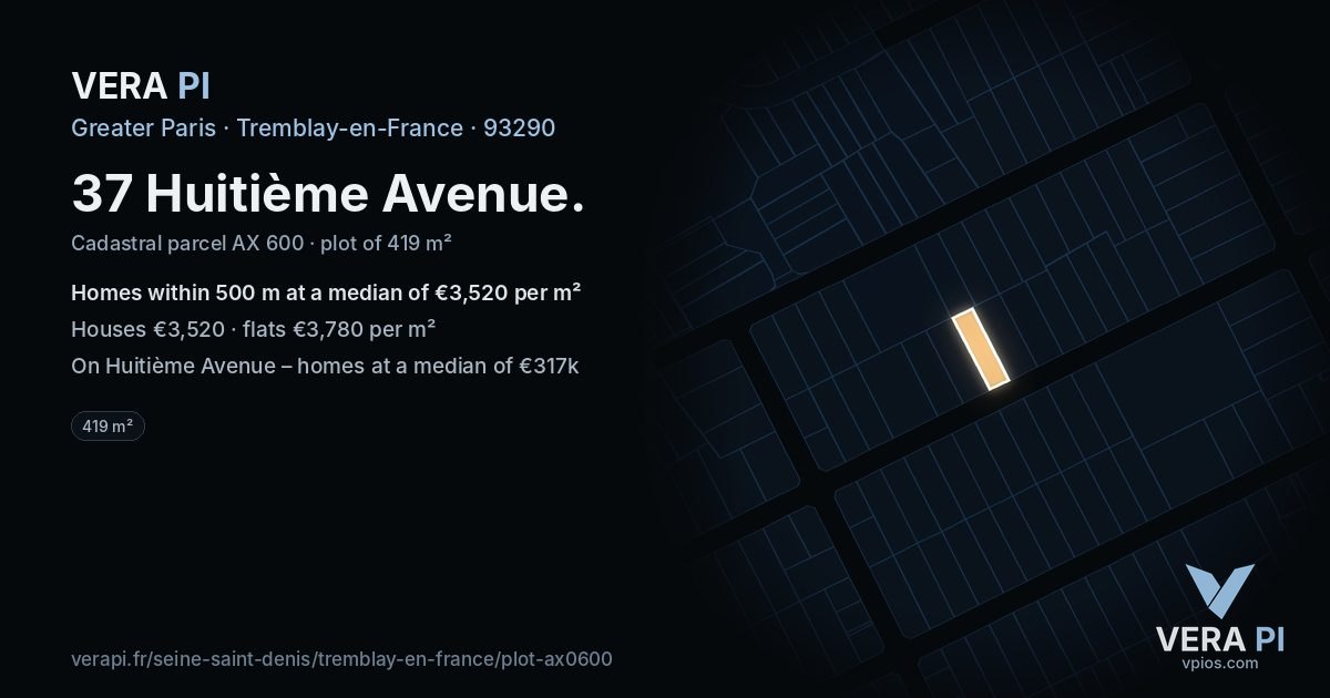 37 Huitième Avenue, Tremblay-en-France at night – the plot lit, the parcels around coloured by the prices near them