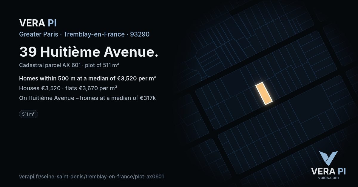 39 Huitième Avenue, Tremblay-en-France at night – the plot lit, the parcels around coloured by the prices near them