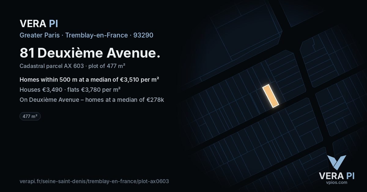 81 Deuxième Avenue, Tremblay-en-France at night – the plot lit, the parcels around coloured by the prices near them