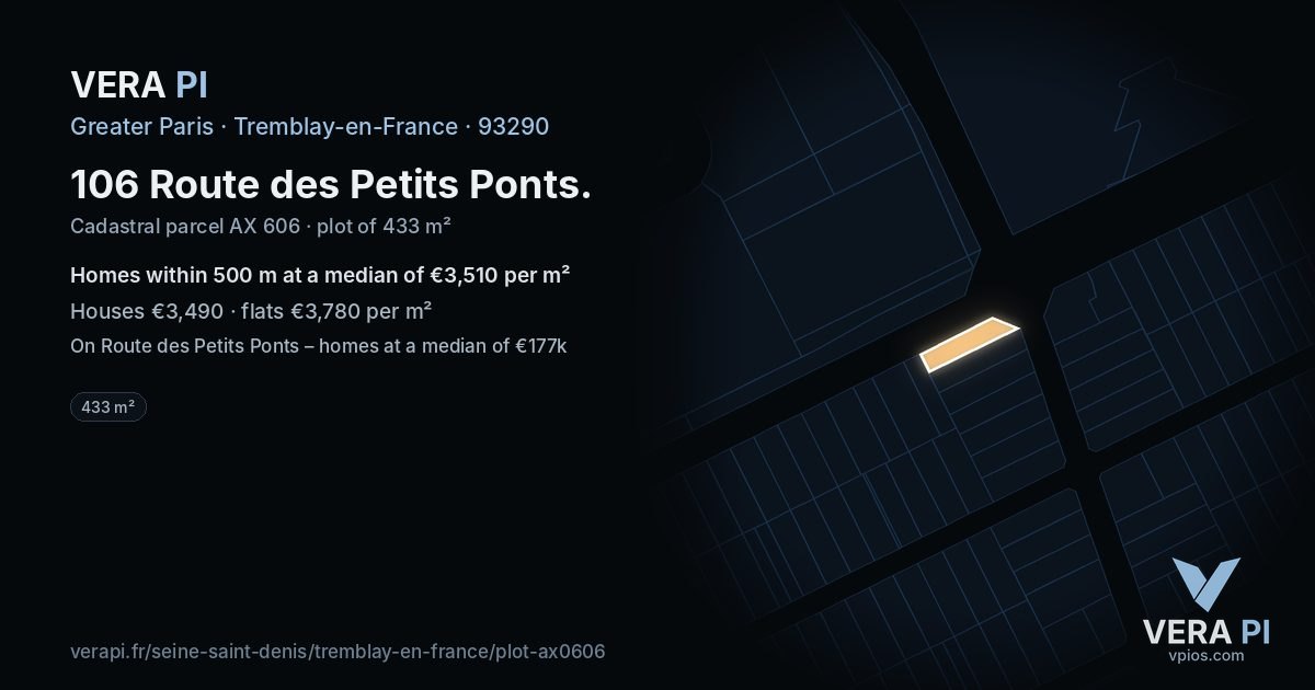 106 Route des Petits Ponts, Tremblay-en-France at night – the plot lit, the parcels around coloured by the prices near them