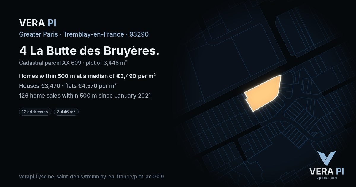 4 La Butte des Bruyères, Tremblay-en-France at night – the plot lit, the parcels around coloured by the prices near them