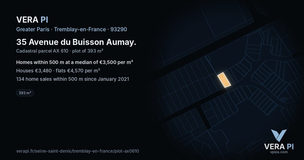 35 Avenue du Buisson Aumay, Tremblay-en-France at night – the plot lit, the parcels around coloured by the prices near them