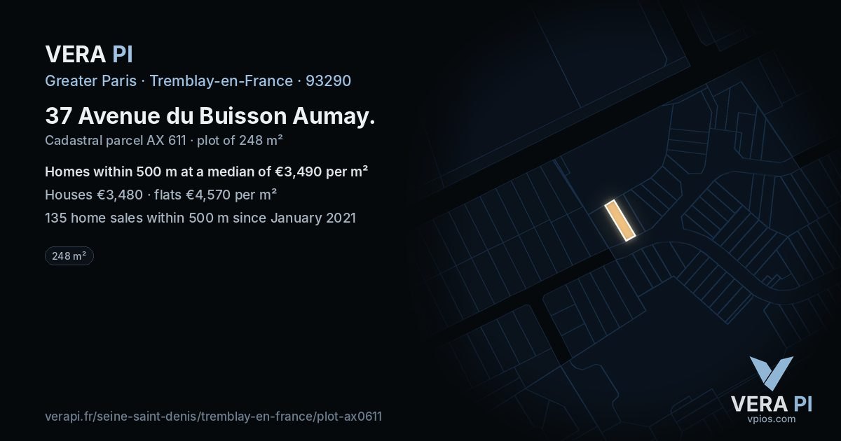 37 Avenue du Buisson Aumay, Tremblay-en-France at night – the plot lit, the parcels around coloured by the prices near them