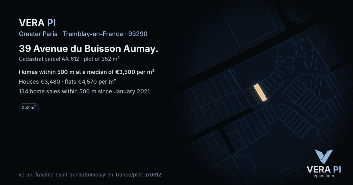 39 Avenue du Buisson Aumay, Tremblay-en-France at night – the plot lit, the parcels around coloured by the prices near them