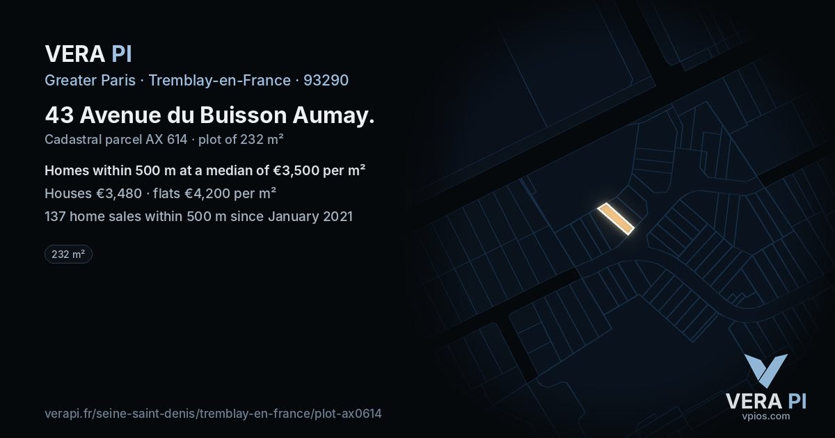 43 Avenue du Buisson Aumay, Tremblay-en-France at night – the plot lit, the parcels around coloured by the prices near them